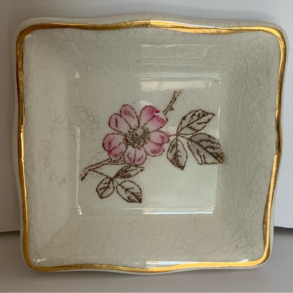 Pink camellia flower trinket dish, gold edged lining 2 3/4” squared